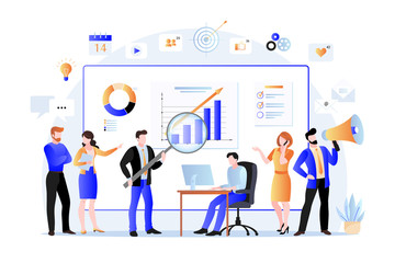 Project managers and business marketers analyzes data, develops product promotion strategy. Vector flat illustration