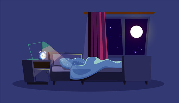 Empty bedroom at night flat vector illustration