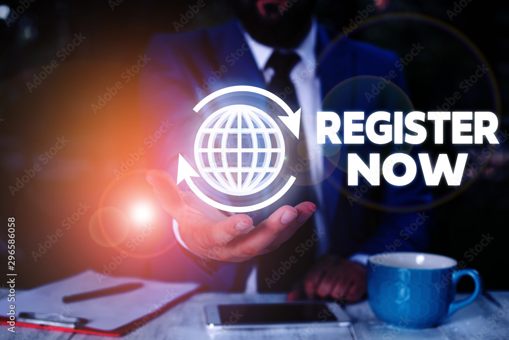 Poster conceptual hand writing showing register now. concept meaning name in an official list enlist to be 