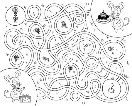 Educational game labyrinth. Help the mouse find a way to visit. Coloring book for children. Rat in the maze. Black-white drawing with cute animals. Vector