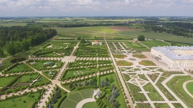 Panoramic aerial view of Rundale Castle in Latvia. Building and gardens