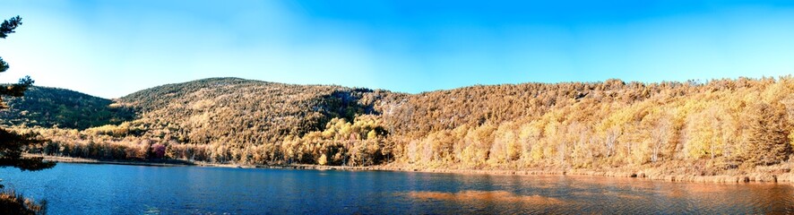 Panoramic aerial view of lake and trees in autumn foliage seaon against blue sky