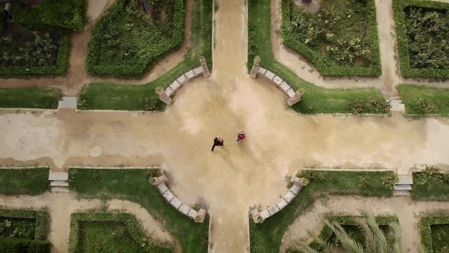 Aerial view from drone of man and woman dancing flamenco in park. Spanish people and traditional dance in Andalusia, Spain. Dancers performing traditional show in park. Couple and music arts