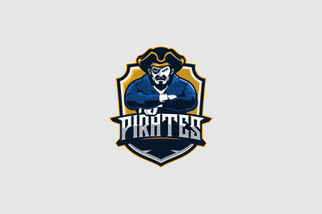 angry pirate cartoon with shield vector badge logo template