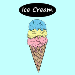 Waffle cone with multi-colored ice cream. Vector illustration, printable.