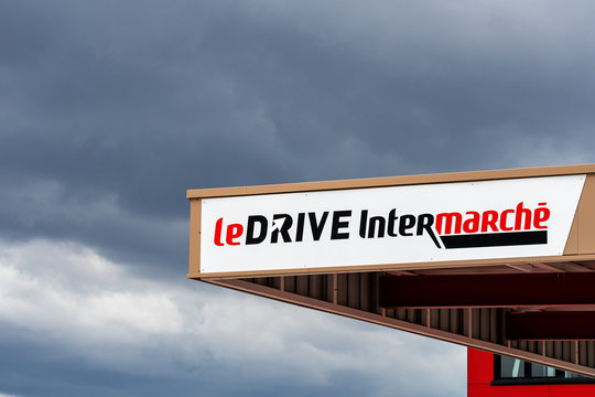 Soyons, France - October 17, 2019. Logo of french retailer Intermarch&eacute; Hyper and the Drive is seen in Soyons.