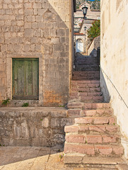 Narrow street in the old town of Perast, Montenegro