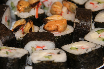 homemade rolls with crab sticks and mussels