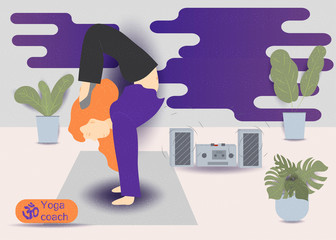 a young girl with 14 red hair doing gymnastics yoga exercise on a rug vector illustration without contours in the style of flat concept design for the design of various bakery and web products