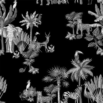 Seamless pattern with tropical trees and animals in graphic style black and white. Vector.