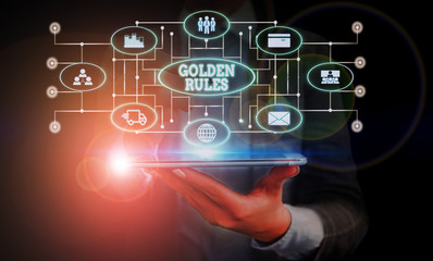 Conceptual hand writing showing Golden Rules. Concept meaning Basic principle that should be followed Important Principle Woman wear work suit presenting presentation smart device