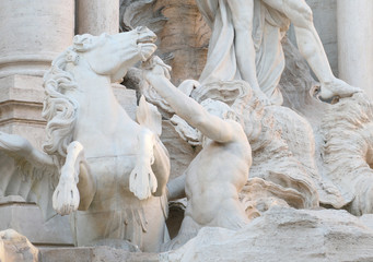 white horse is a detail of famous fountain of Trevi in Rome Ital