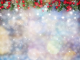christmas background cones berries snow with garland lights