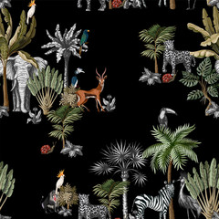 Seamless pattern with tropical trees and animals in graphic style. Vector.