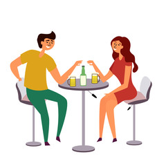 A girl and a guy drinking beer. A couple gathered at a common table drinking and having fun. Romantic date at the bar. Bar table and chairs. Alcoholic beverage. Vector