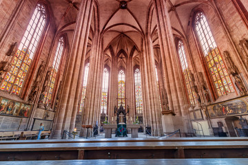 05 August 2019, Nuremberg, Germany: Interior of Saint Sebaldus church in Nuremberg with stained...