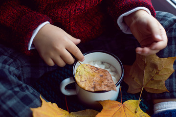 boy a child in a red sweater and a knitted hat sits at the window