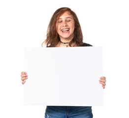 Laughing Pre-Teen Girl Holding Blank White Sign Isolated on White