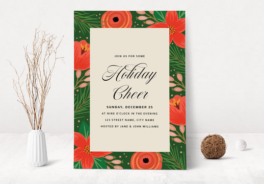 Christmas and Holiday Party Invitation with Floral Design Layout