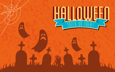poster of halloween with ghosts in cemetery vector illustration design