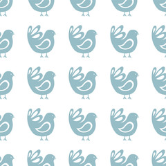 Seamless pattern with blue bird in flat style. Background with folklor pattern for fabric, textile, Wallpaper, wrapping paper. vector illustration