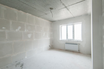 Russia, Moscow- May 21, 2019: interior room apartment. standard repair decoration. rough repair for self-finishing. finishing stage of construction