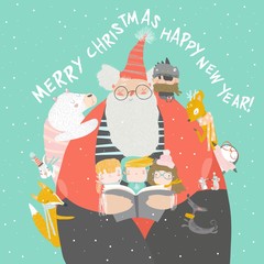 Santa Claus reading books with happy kids and animals