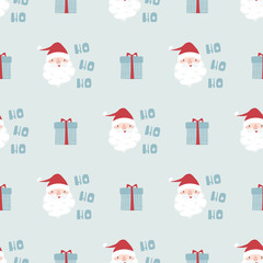 Funny Christmas seamless pattern with Santa Claus, lettering 