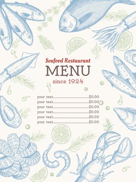 Vector vintage seafood restaurant flyer. Hand drawn banner. Great for menu, banner, flyer, card, seafood business promote.