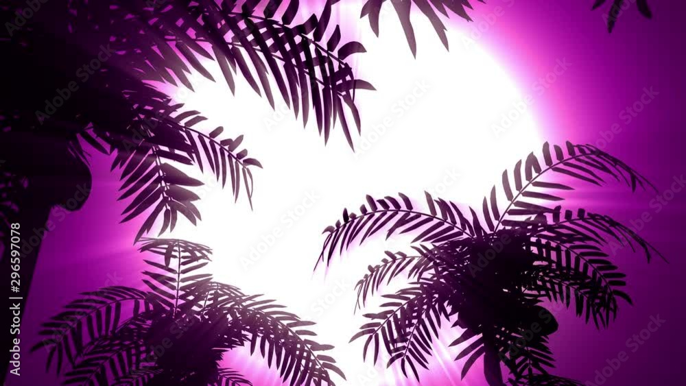 Poster retro futuristic background with palm trees on a background of the sun. computer animation in the st