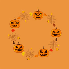 Set pumpkins Jack with sinister smile, luminous eyes, bats, spider web and autumn leaves. Happy Halloween. Holiday flat vector illustration