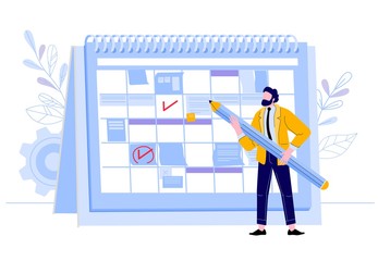 Businessman check calendar. Man with pencil planning work events at planner, business worker day plan, and event organization calendar vector illustration. Business organizer, kanban board