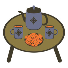 A table with cups of tea or coffee, a kettle and a plate of oatmeal cookies. Food Illustration on white background cartoon vector © Ольга Е