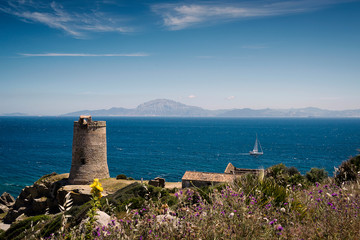 Guadalmesí tower overlooking at the Strait of Gibraltar in Tarifa municipality, Cadiz province,...