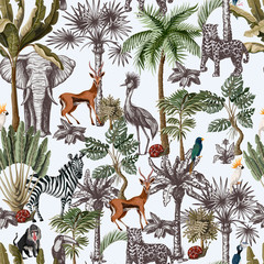 Fototapety  Seamless pattern with tropical trees and animals in graphic style. Vector.