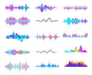 Colorful sound waves. Audio signal wave, color gradient music waveforms and digital studio equalizer vector set. Multicolor audio lines cliparts collection. Soundwaves, radio frequency - obrazy, fototapety, plakaty