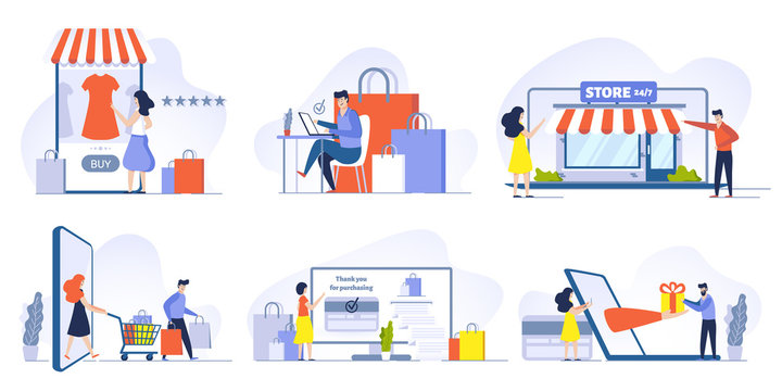 Online shopping, Mobile shopping, internet store and shop website on smartphone vector illustrations set. Buyers ordering and purchasing goods cartoon characters. E shopping and digital technology