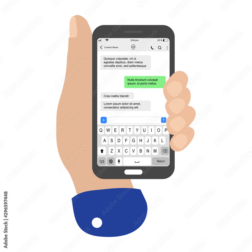 Poster hand holding smartphone with live chatting pattern sms bubblest. phone sms chat composer. put your o