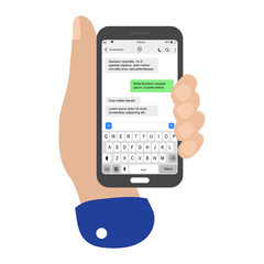 Hand holding smartphone with live chatting pattern sms bubblest. Phone SMS chat composer. Put your own text in message. Creative vector illustration of messenger window.