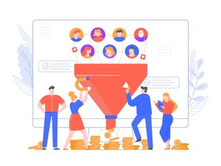 Lead generation. Increasing conversion, sales funnel strategy and generating or attracting new loyal leads vector illustration. Online monetization, market growth. Inbound marketing model, networking