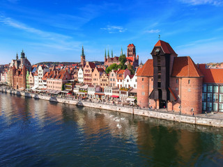 Aerial view of the old town in Gdansk over Motlawa river, Poland
