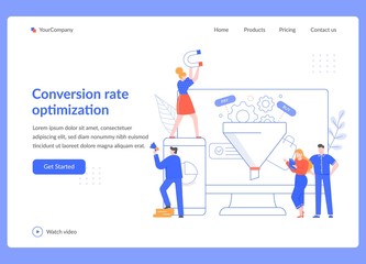 Conversion rate optimization. Sales funnel strategy, SEO optimization and sales statistical tests. Marketing service vector illustration. Social media network, digital business landing page template