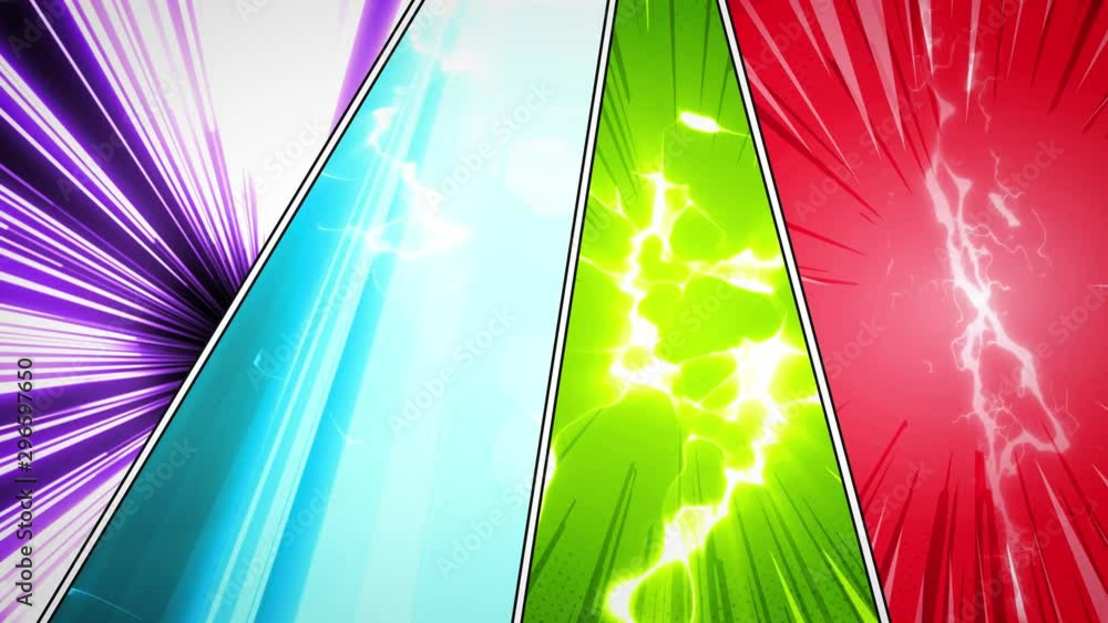 Poster comic book action layout background with power fx/ 4k animation of a powerful comics like page layou
