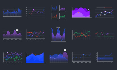 Linear graphcharts. Business graphic charts, line diagrams and business infographics elements vector set. Financial assets analysing. Investment statistics colorful histograms on black background