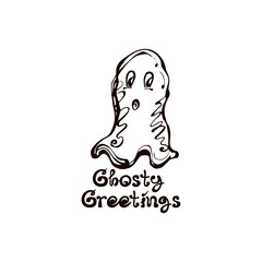 Halloween Hand Drawn Ghost with Phrase on white background