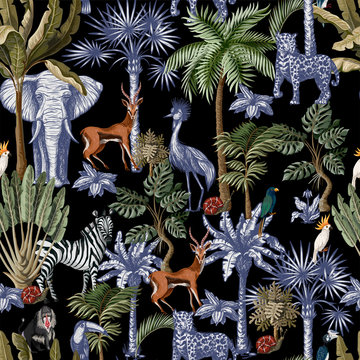 Seamless pattern with tropical trees and animals in graphic style. Vector.