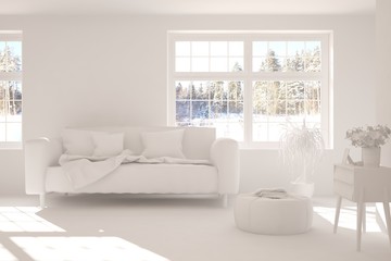 Mock up of stylish room in white color with sofa and winter landscape in window. Scandinavian interior design. 3D illustration