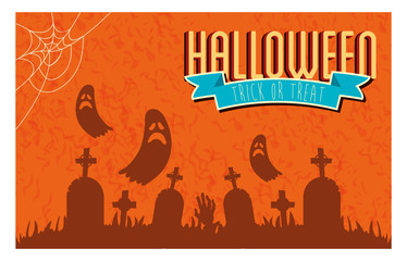 poster of halloween with ghosts in cemetery vector illustration design