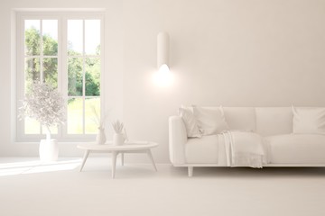 Mock up of stylish room in white color with sofa and green landscape in window. Scandinavian interior design. 3D illustration