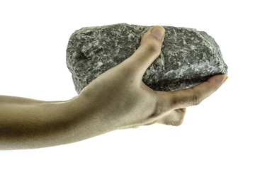 Close up hand is holding stone at white background